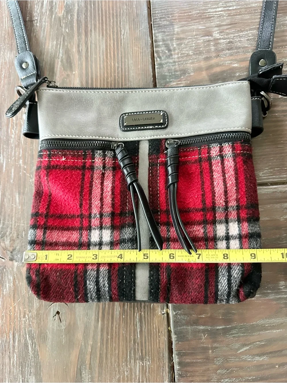 Coco + Carmen Red Plaid Crossbody with faux leather Gray Trim and Black Strap